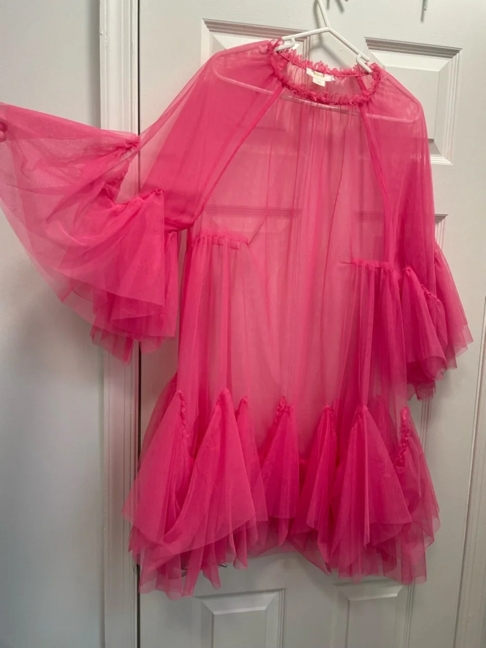 Anthropologie Maeve Hot Pink Sheer Ruffle Top - Picture 2 of 4